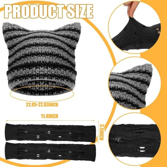Y2K Grunge Knit Cat Beanie Ripped Gloves Jewelry Set for Women Men Black main image 6
